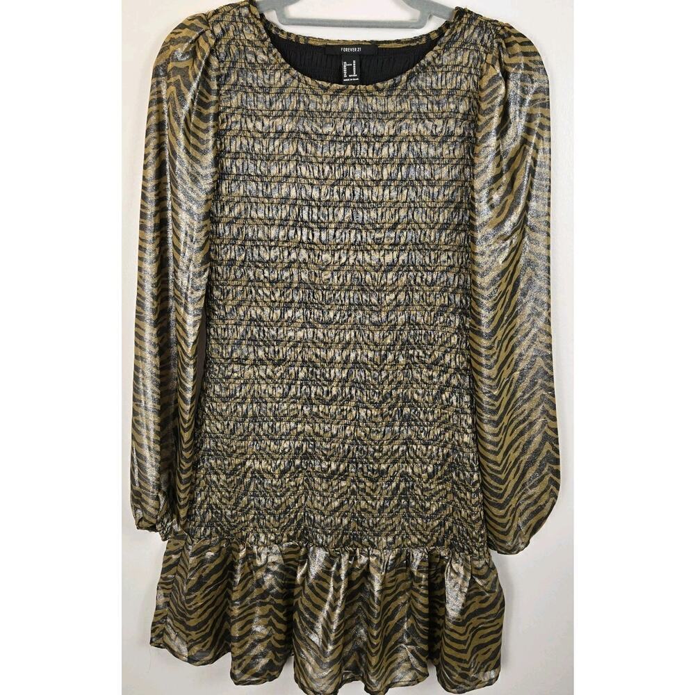 Forever 21 Smocked Tiger Print Metallic Party Mini Dress M Ruffle Hem Steampunk